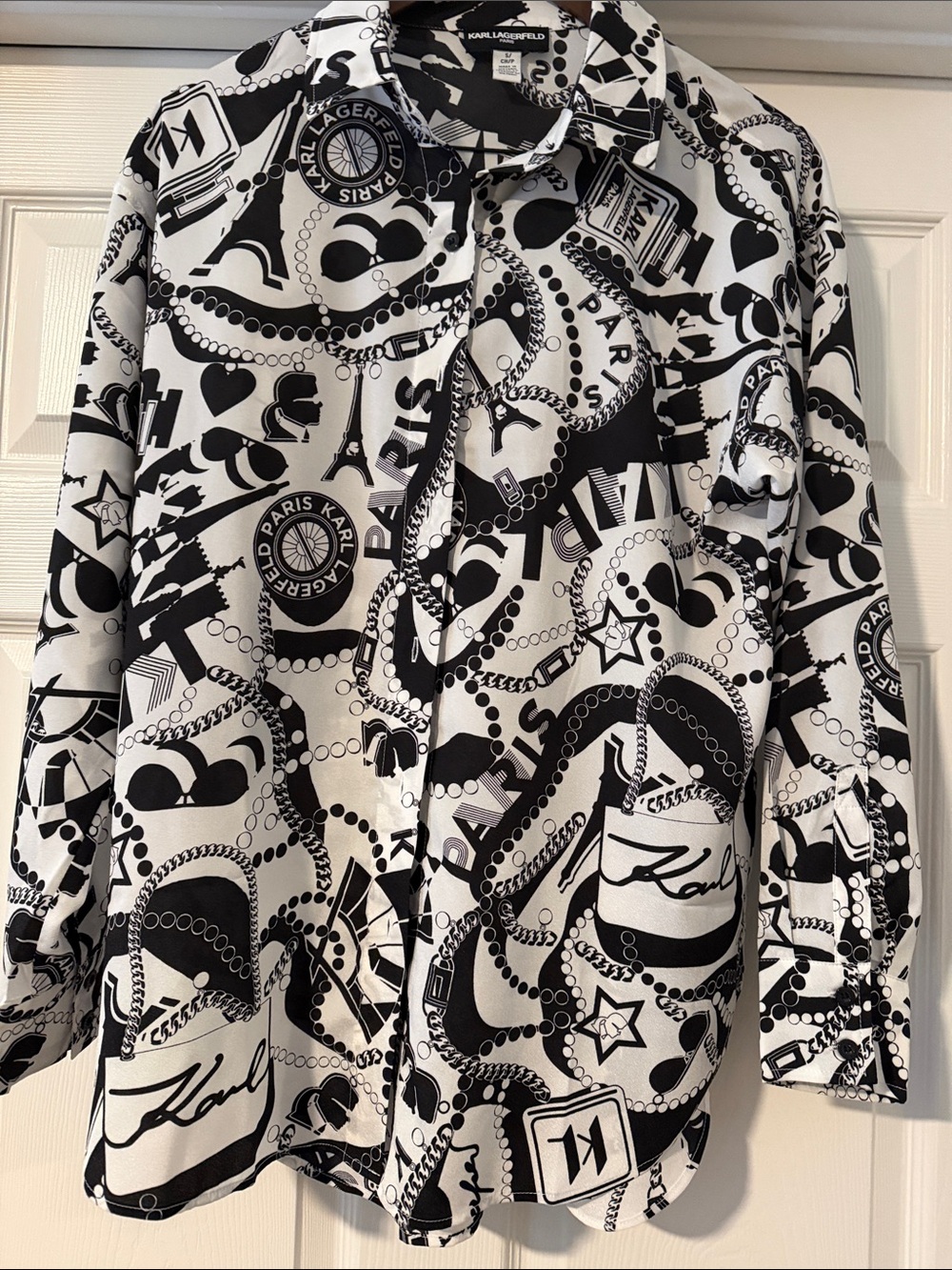 {Karl Lagerfeld} Black & White Paris-Themed Graphic Button-Down Shirt